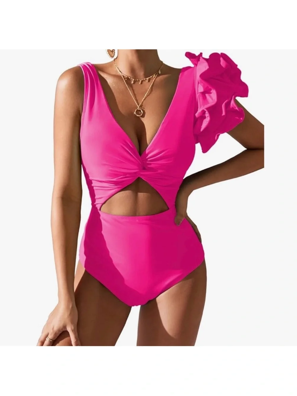 Sporlike Womens S Hot Pink One Piece Swimsuit Ruffle Cutout Tie Front NWT